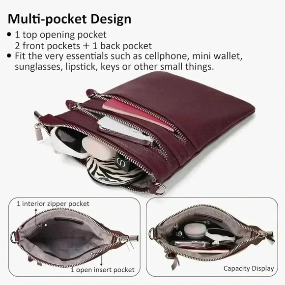 New befen pebbled Leather Crossbody Bag, Burgundy adjustable strap - Picture 2 of 10